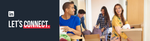 UCAS_Media_Accommodation_Providers_LinkedIn Young adults moving into a new home, smiling and carrying boxes and items. On the left side of the image, there is a slate grey background with the LinkedIn logo and the text 'LET'S CONNECT.' in bold white and red letters.