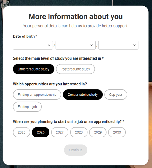 Conservatoires more information about you screenshot Conservatoires more information about you screenshot