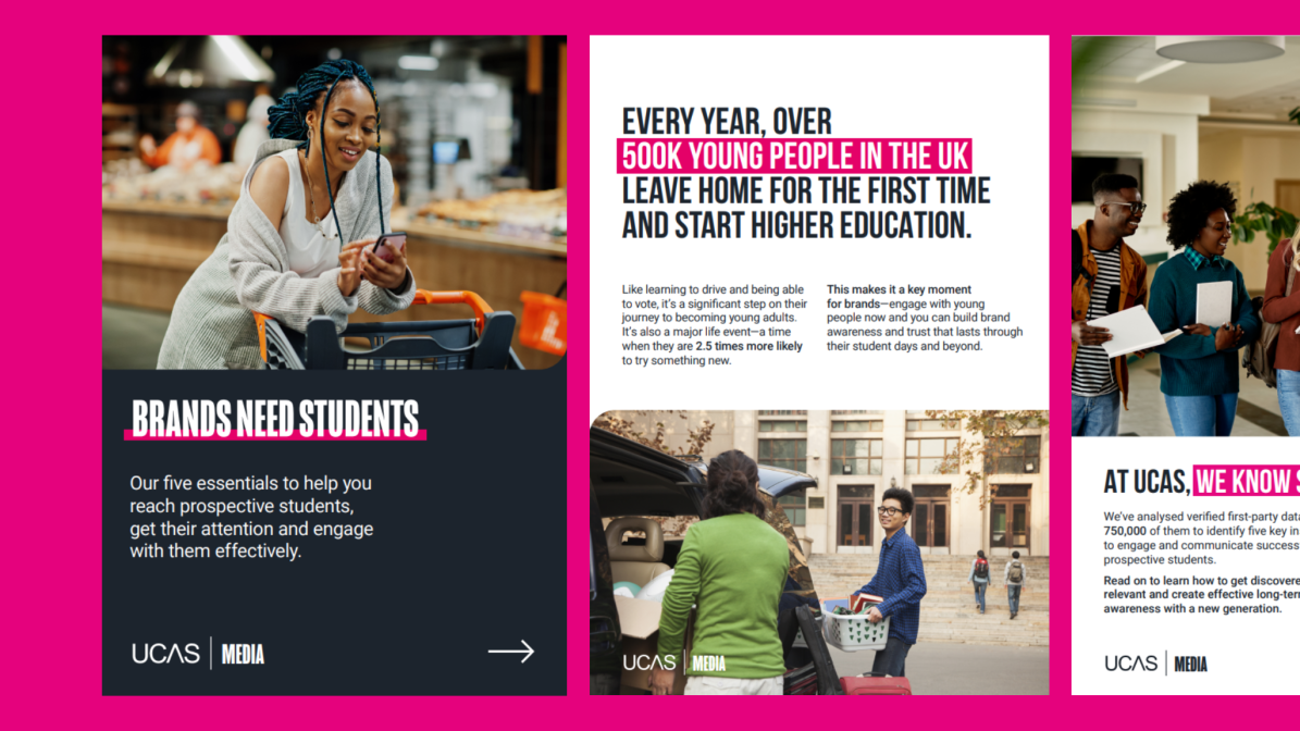 Brands-Engage-Students-Image-Box-3 Three preview screenshots from a UCAS Media whitepaper showcasing insights and strategies for brand engagement with student audiences.